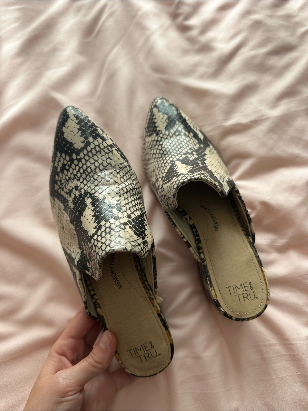 Time and Tru Snake-Print Pointed Slip-On Mules in Beige and Black